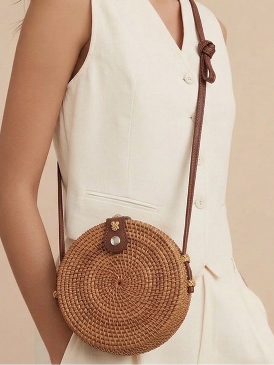 Handbags - Woven Round Straw Crossbody Bag with Brown Trim